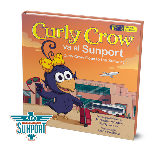 Children's book titled 'Curly Crow va al Sunport' with a cartoon crow character on the cover.