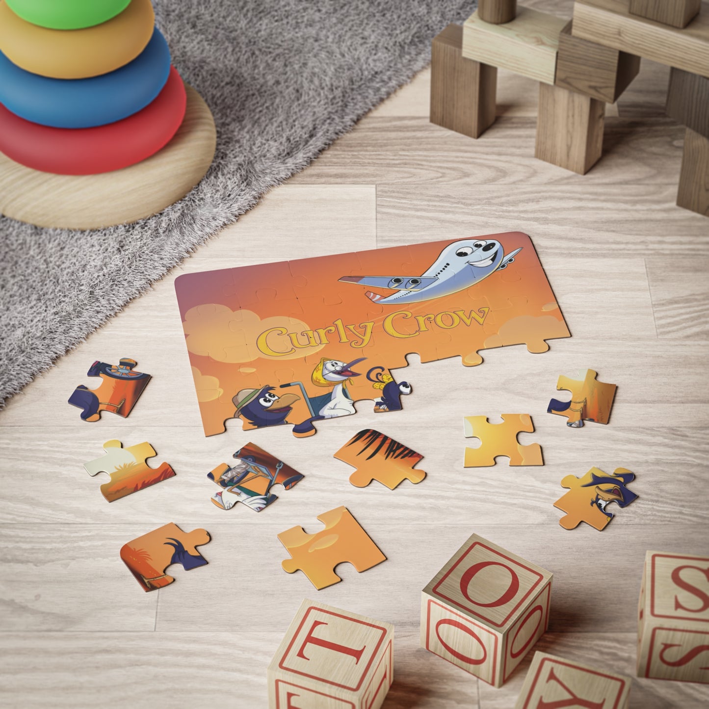 Airplane puzzle pieces featuring Curly Crow flying high, spread on a table with a playful setting.