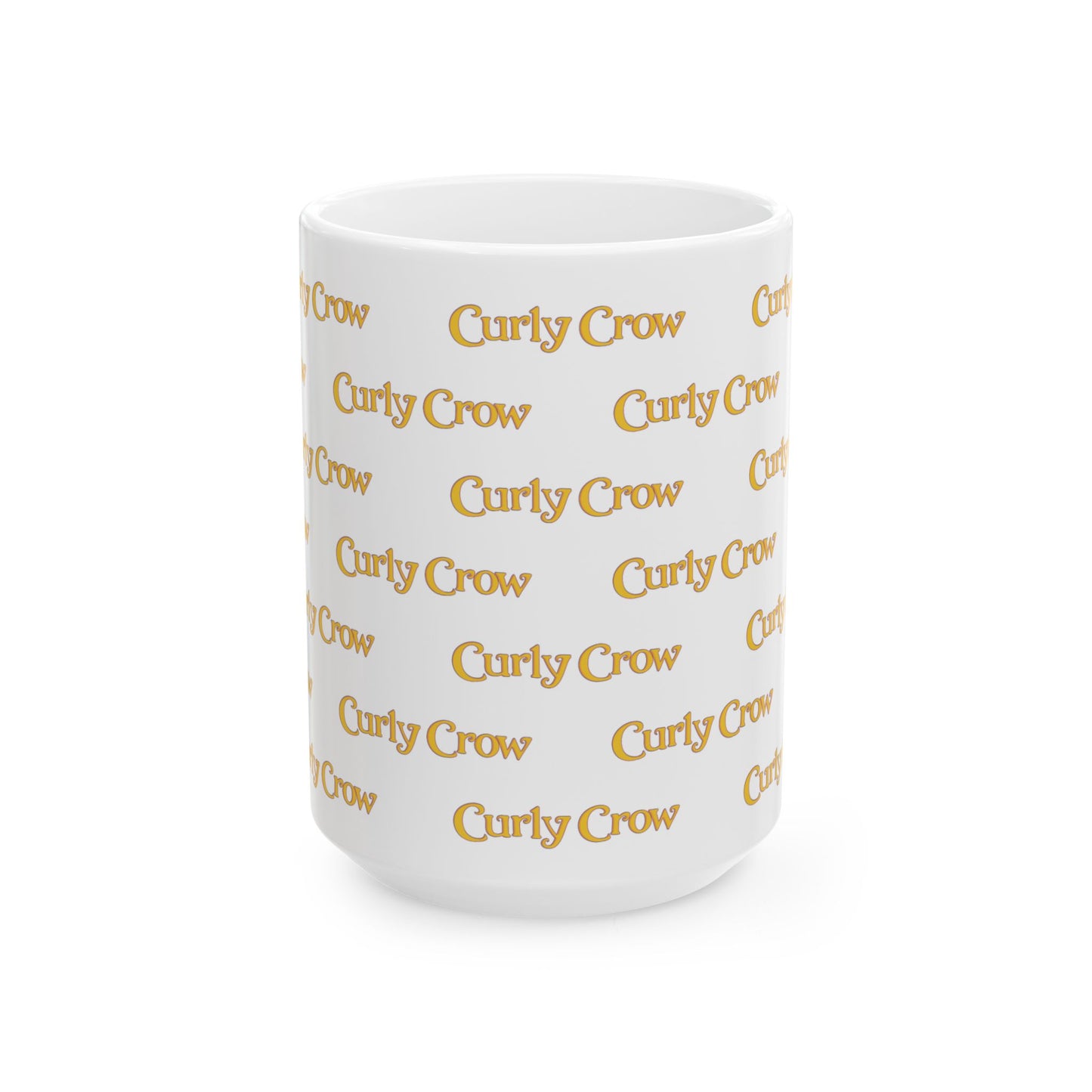 White mug with 'Curly Crow' printed repeatedly in gold on a white background