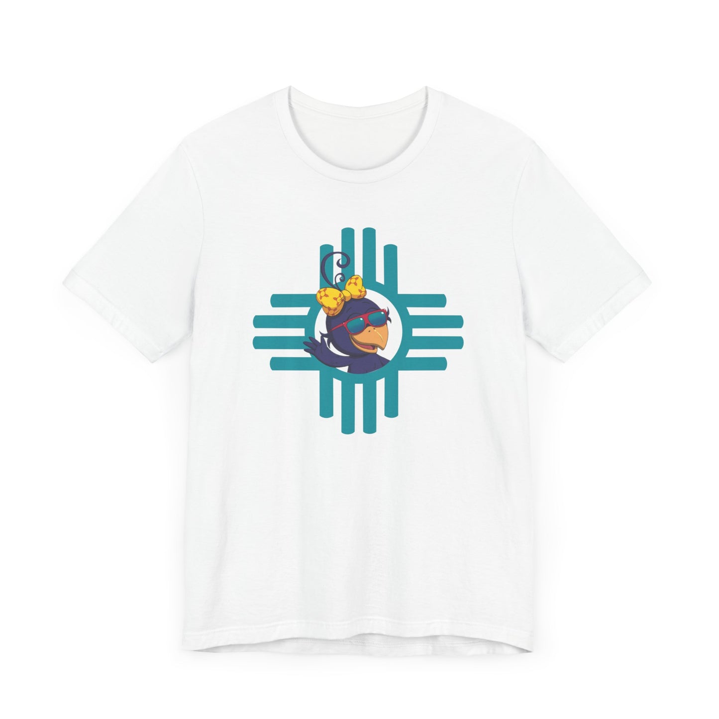 Curly Crow “Waving Crow” Tee – Large Turquoise Zia Logo with Back Logo (Adults)