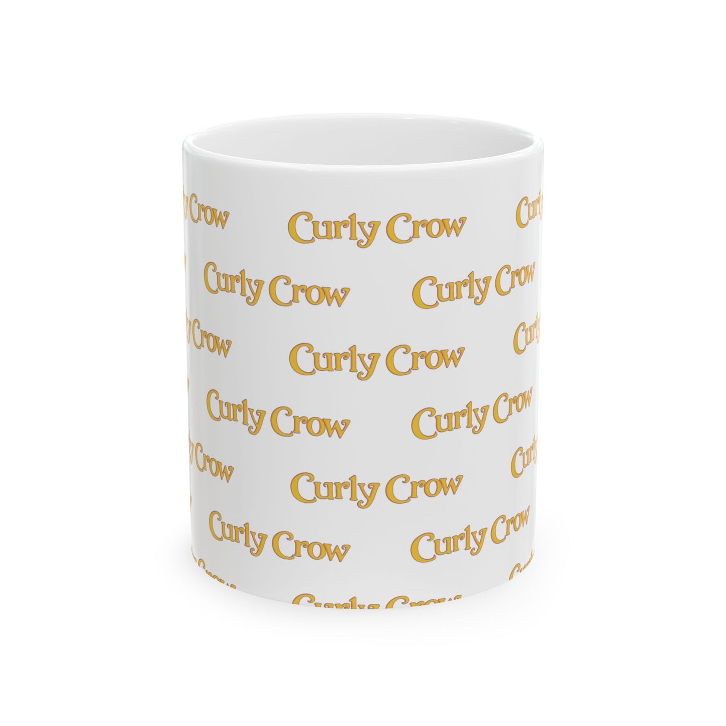 White mug with 'Curly Crow' printed repeatedly in gold on a white background