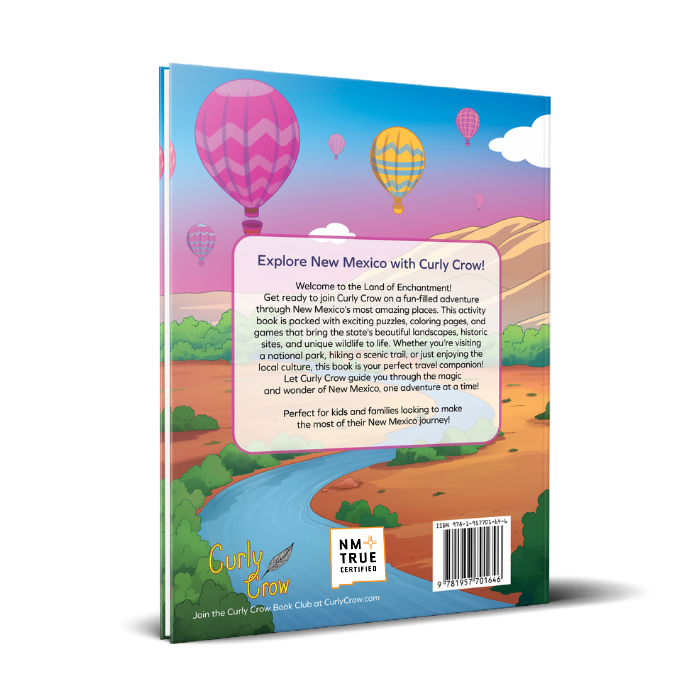 Children’s activity book with Curly Crow, exploring the culture, nature, and landmarks of New Mexico through puzzles, coloring pages, and fun facts.