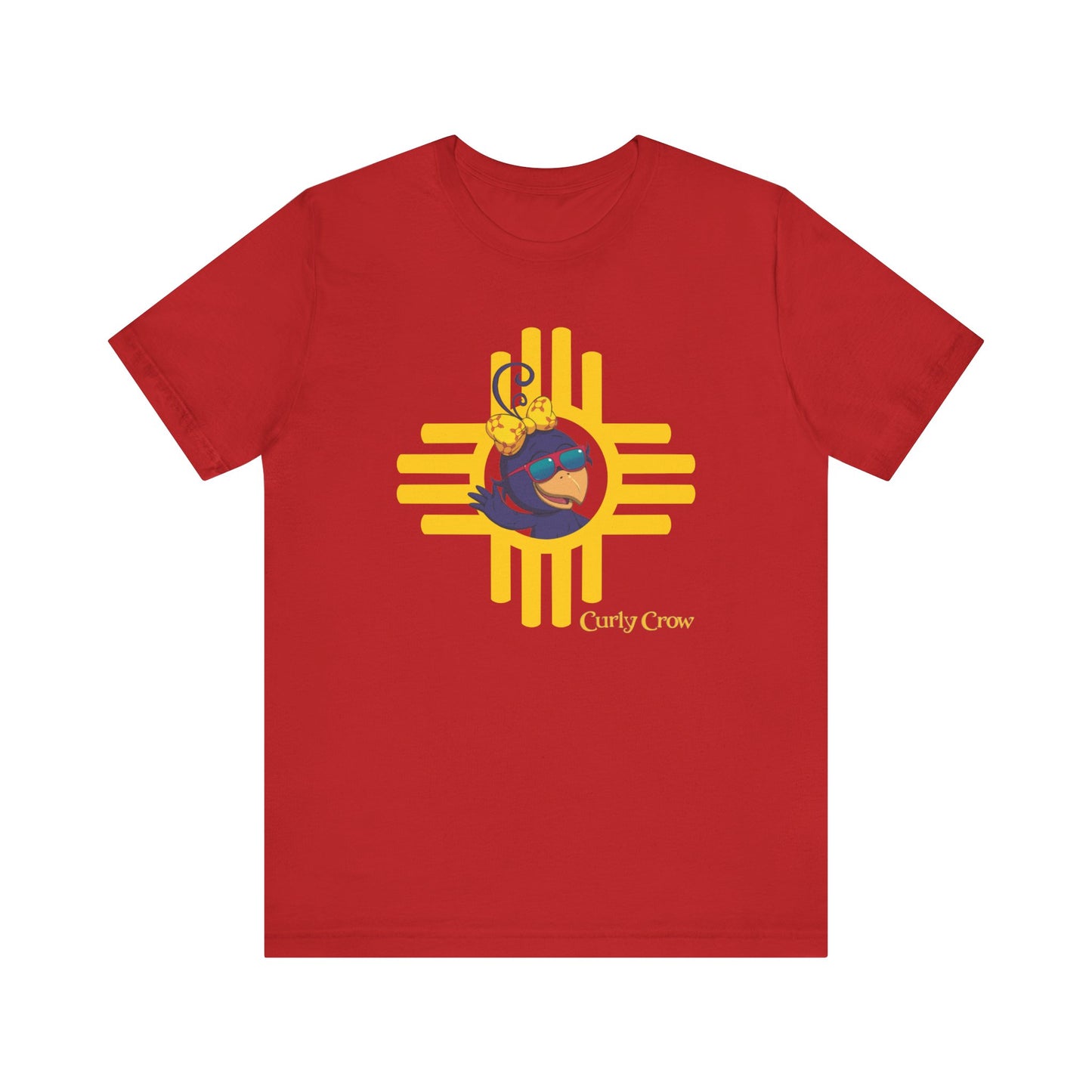 Curly Crow “Waving Crow” Tee – Large Yellow Zia Logo for Adults