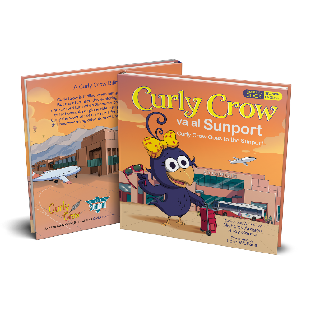 Children's book titled 'Curly Crow va al Sunport' with a cartoon crow character on an orange cover.