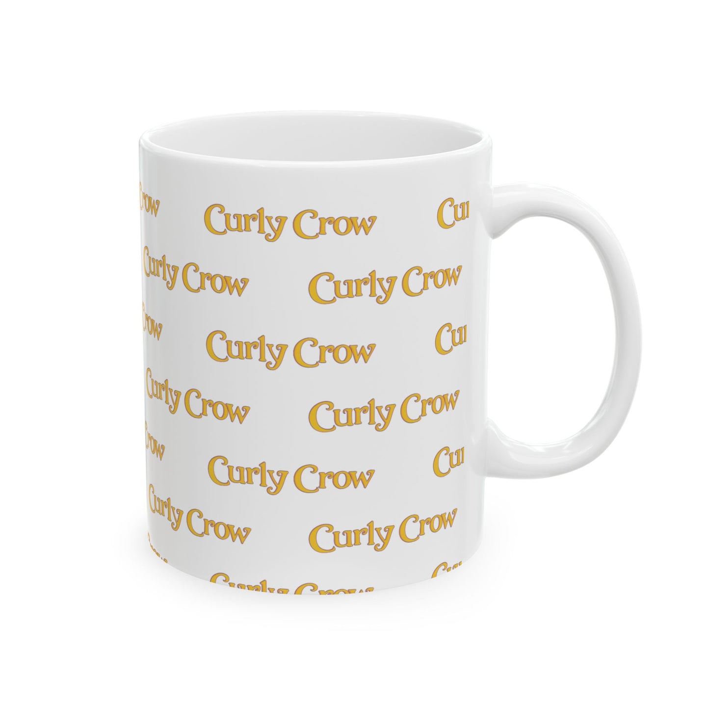 White mug with 'Curly Crow' printed repeatedly in gold on a white background
