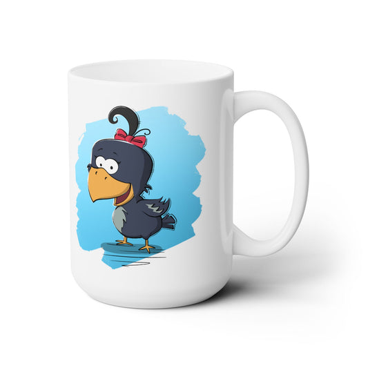 White mug with a cartoon crow design on a white background