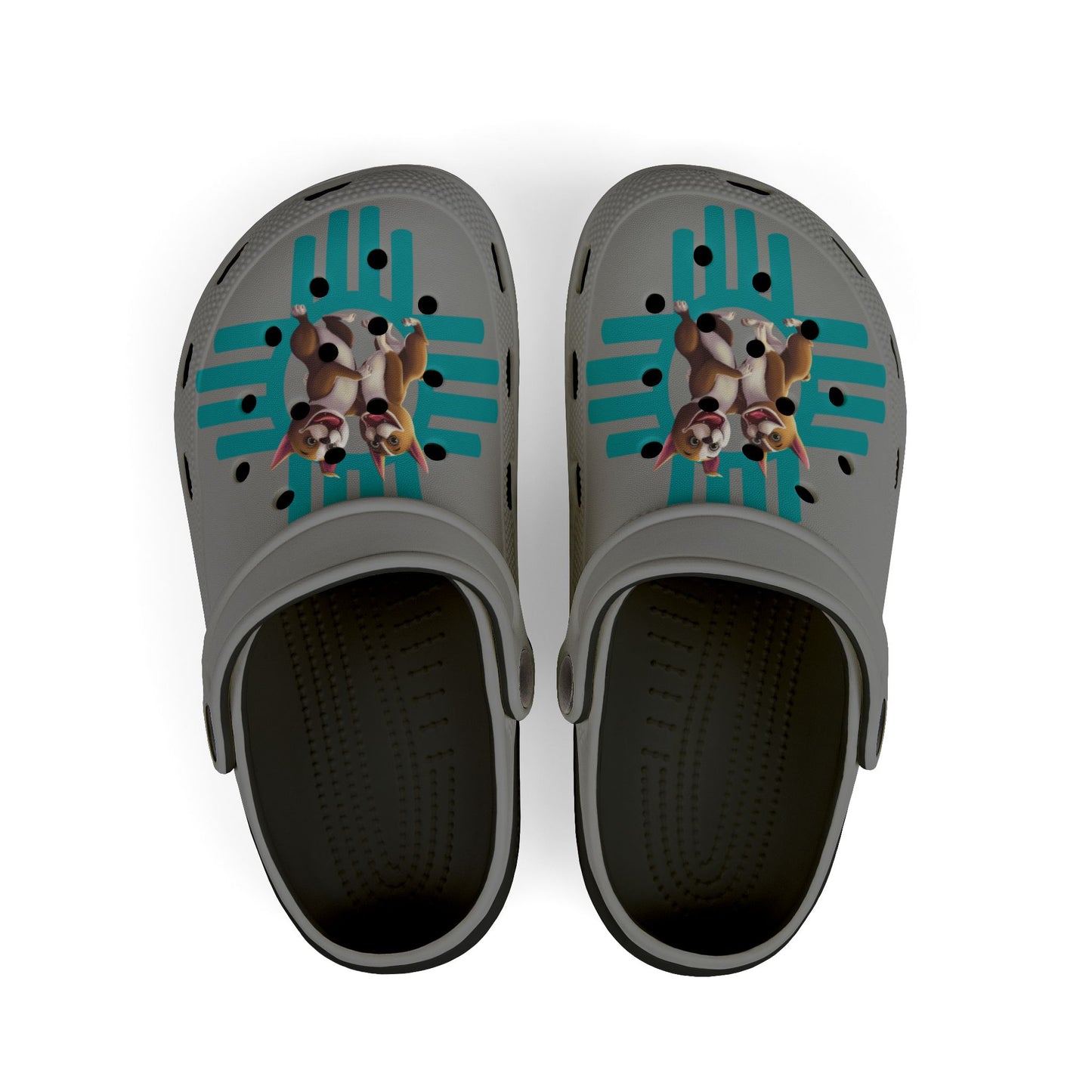 Gray clogs with a dog design on a black background