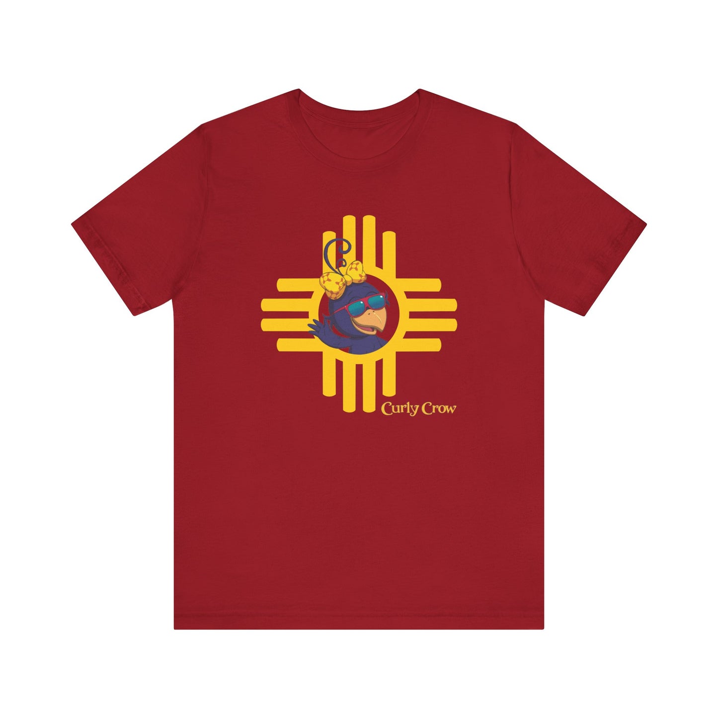 Curly Crow “Waving Crow” Tee – Large Yellow Zia Logo for Adults