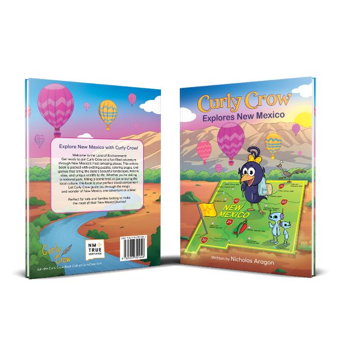 Illustrated cover of Curly Crow Explores New Mexico, showing a playful crow character ready for adventure in the Southwest.