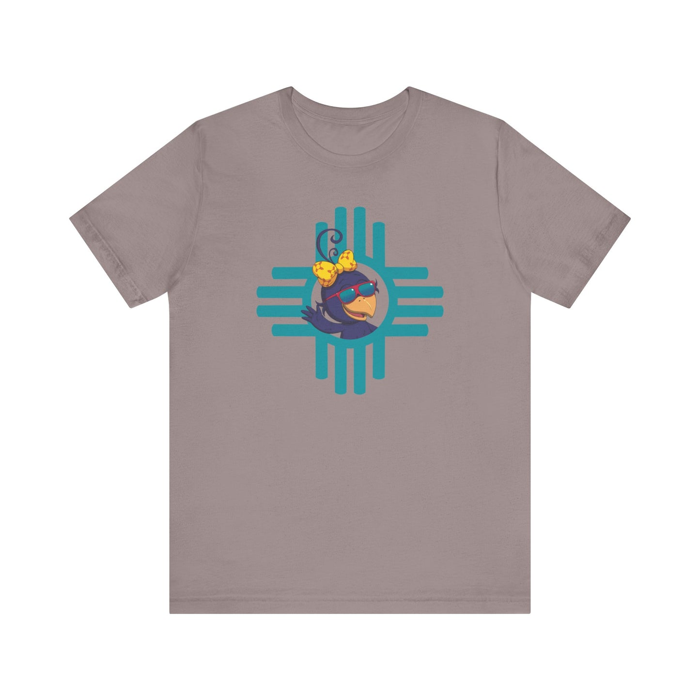 Curly Crow “Waving Crow” Tee – Large Turquoise Zia Logo with Back Logo (Adults)
