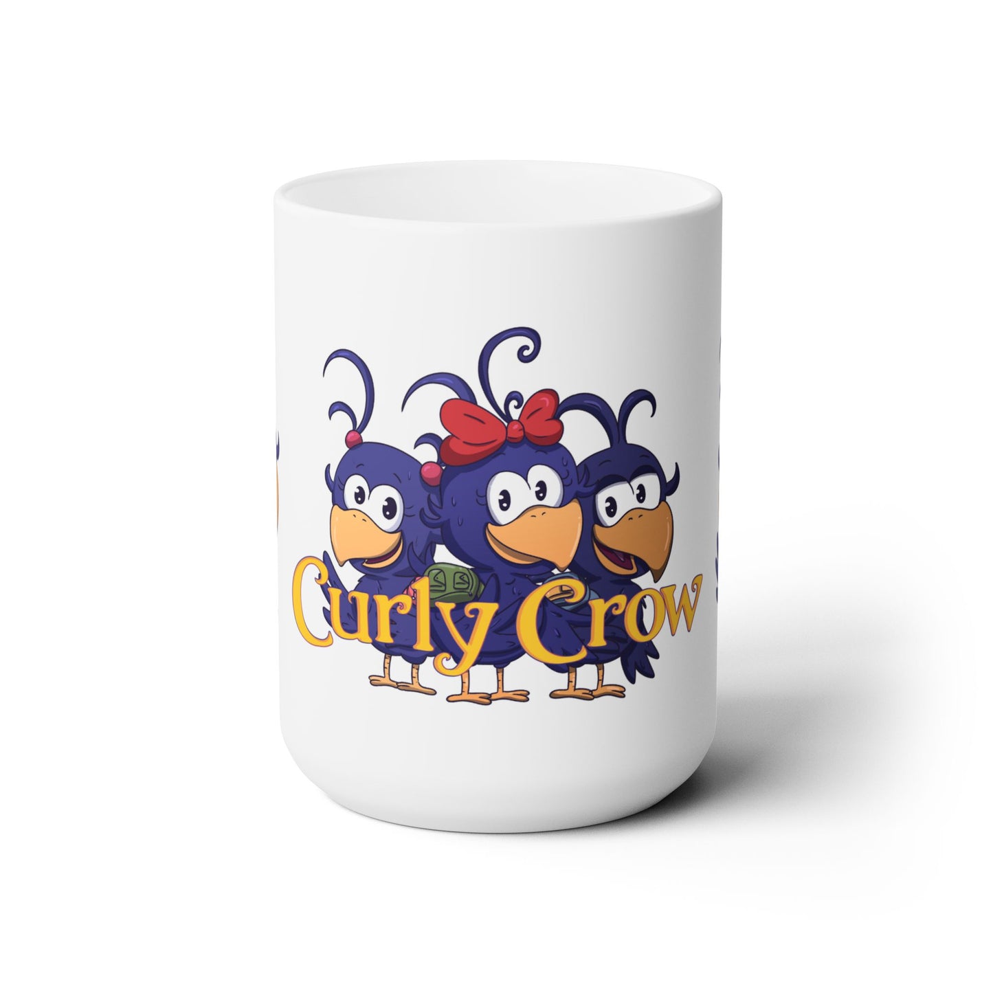 White mug with cartoon crows and 'Curly Crow' text on a white background