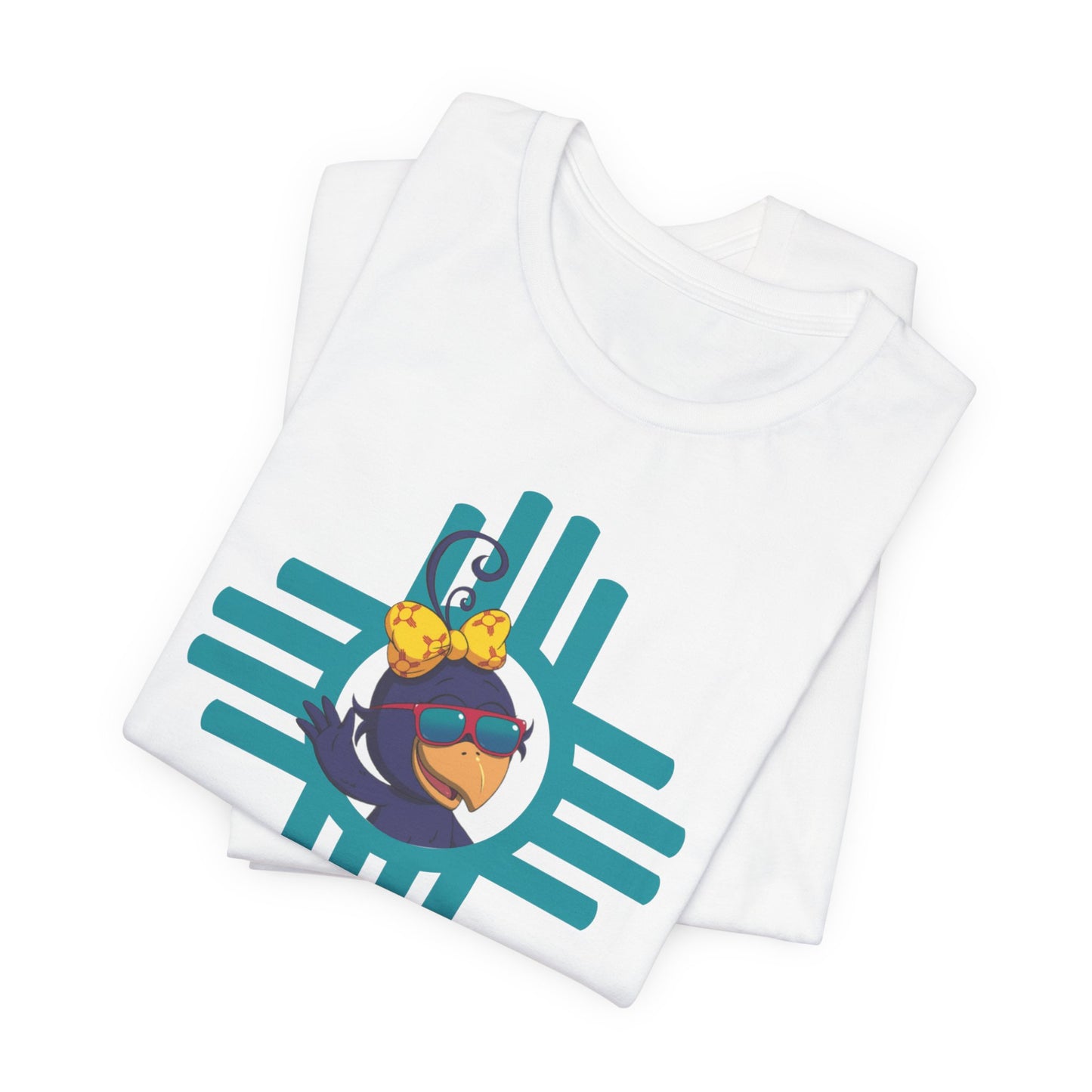 Curly Crow “Waving Crow” Tee – Large Turquoise Zia Logo with Back Logo (Adults)