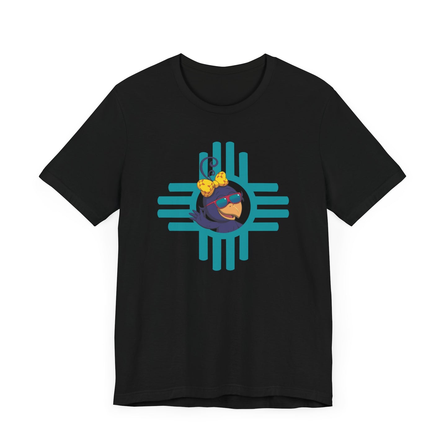 Curly Crow “Waving Crow” Tee – Large Turquoise Zia Logo with Back Logo (Adults)