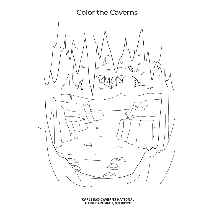 Activity page showing Curly Crow navigating a maze through Carlsbad Caverns, designed to build problem-solving skills in young readers.