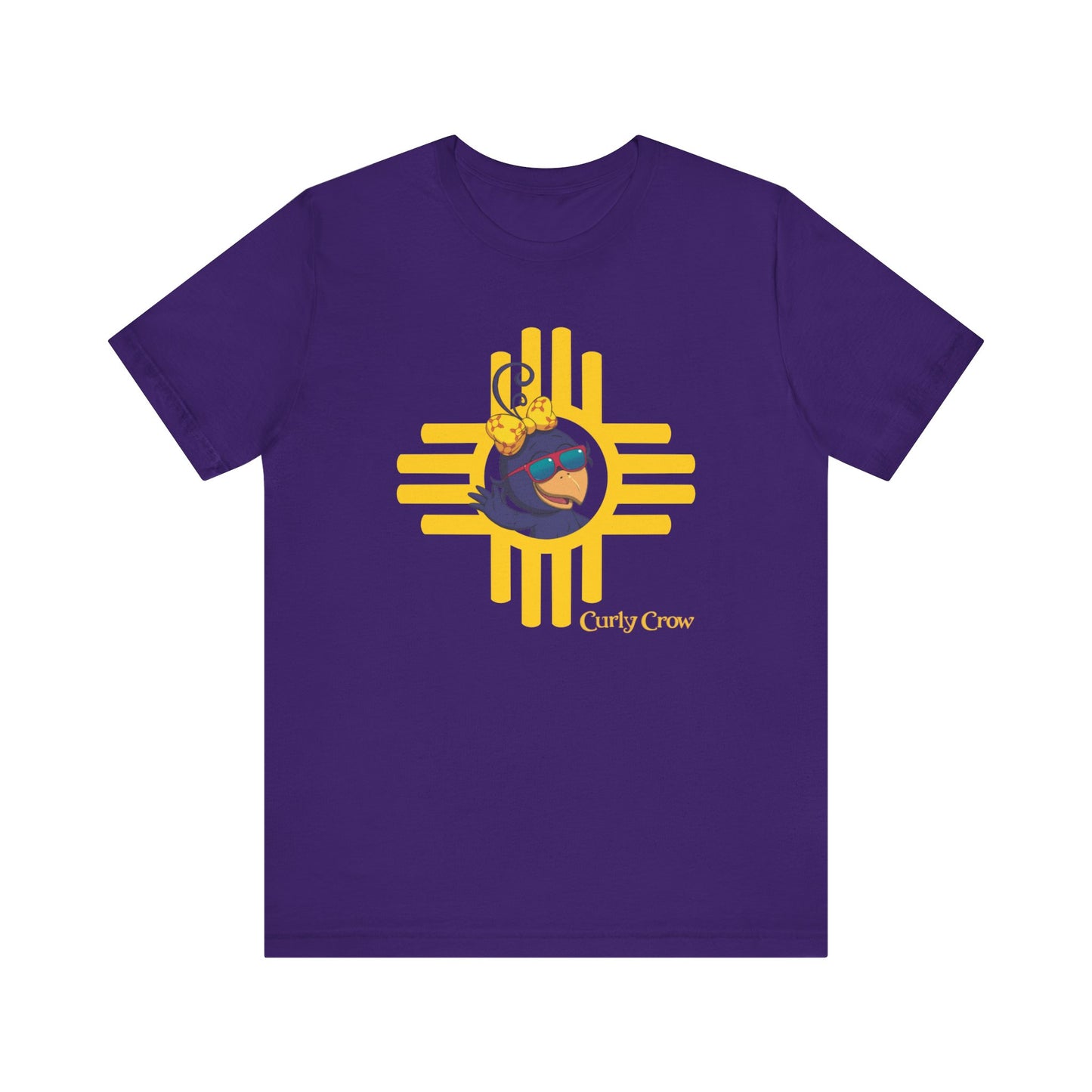 Curly Crow “Waving Crow” Tee – Large Yellow Zia Logo for Adults