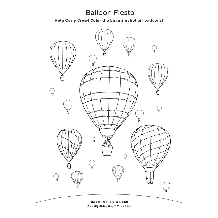 Interior page from Curly Crow Explores New Mexico featuring a coloring page of hot air balloons over the Rio Grande Valley.