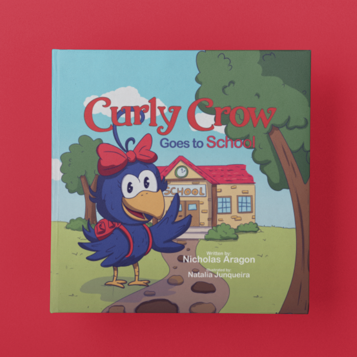 Curly Crow Children's Book Series: 'Curly Crow Goes to School - An enchanting image showcasing Curly Crow's determination to make friends, a must-read for kids aged 4-8.