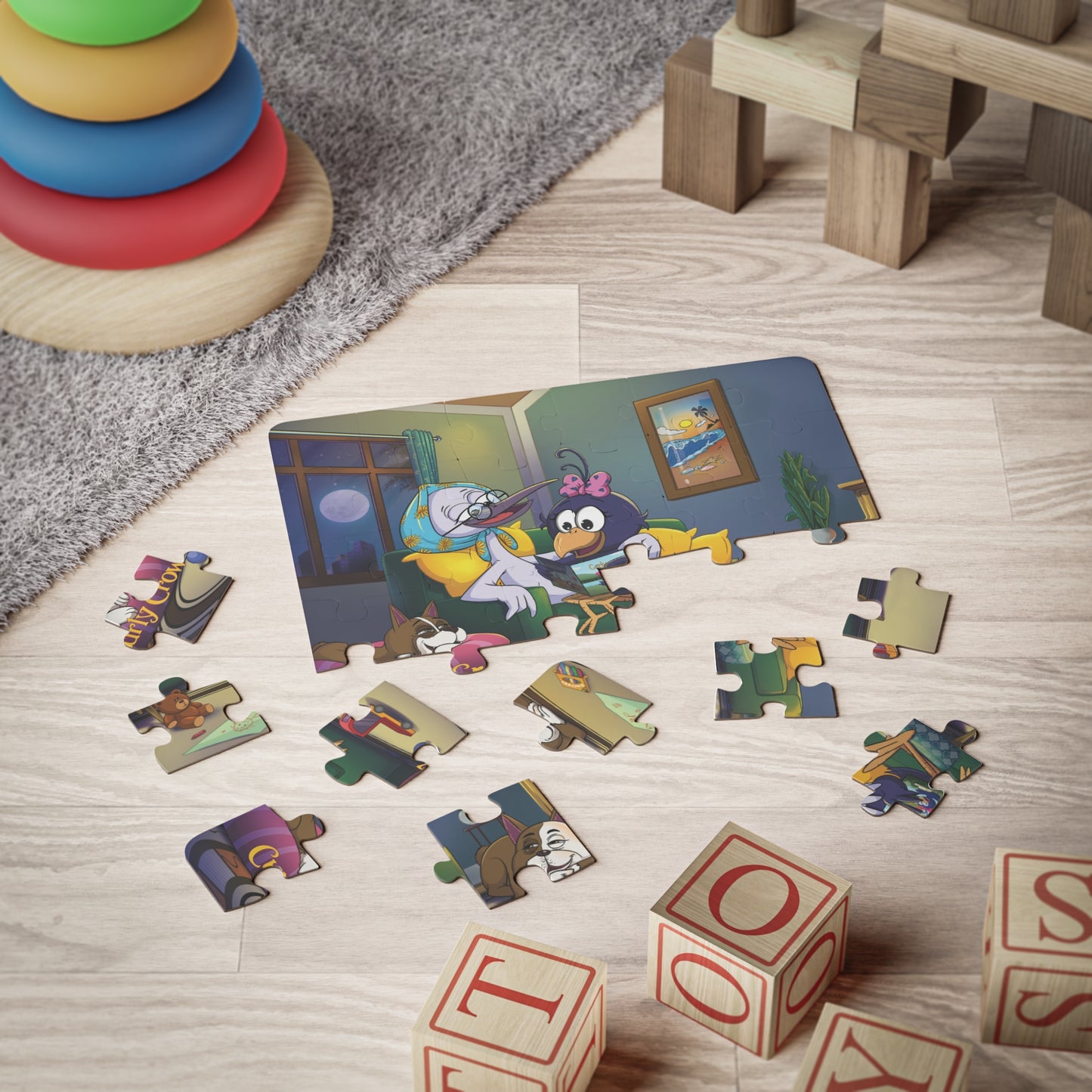 Curly Crow puzzle pieces spread out on a colorful play mat, highlighting vibrant illustrations.