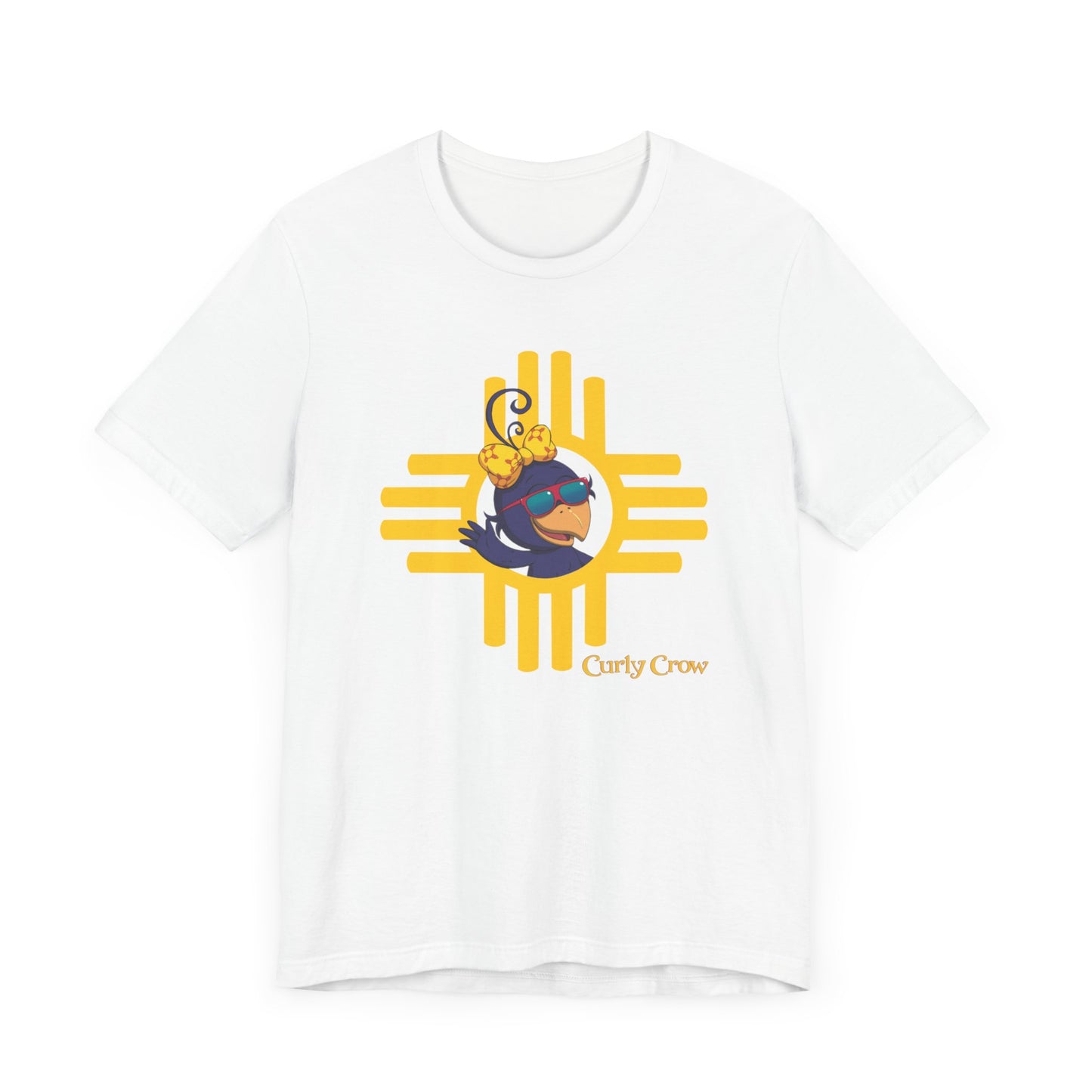 Curly Crow “Waving Crow” Tee – Large Yellow Zia Logo for Adults