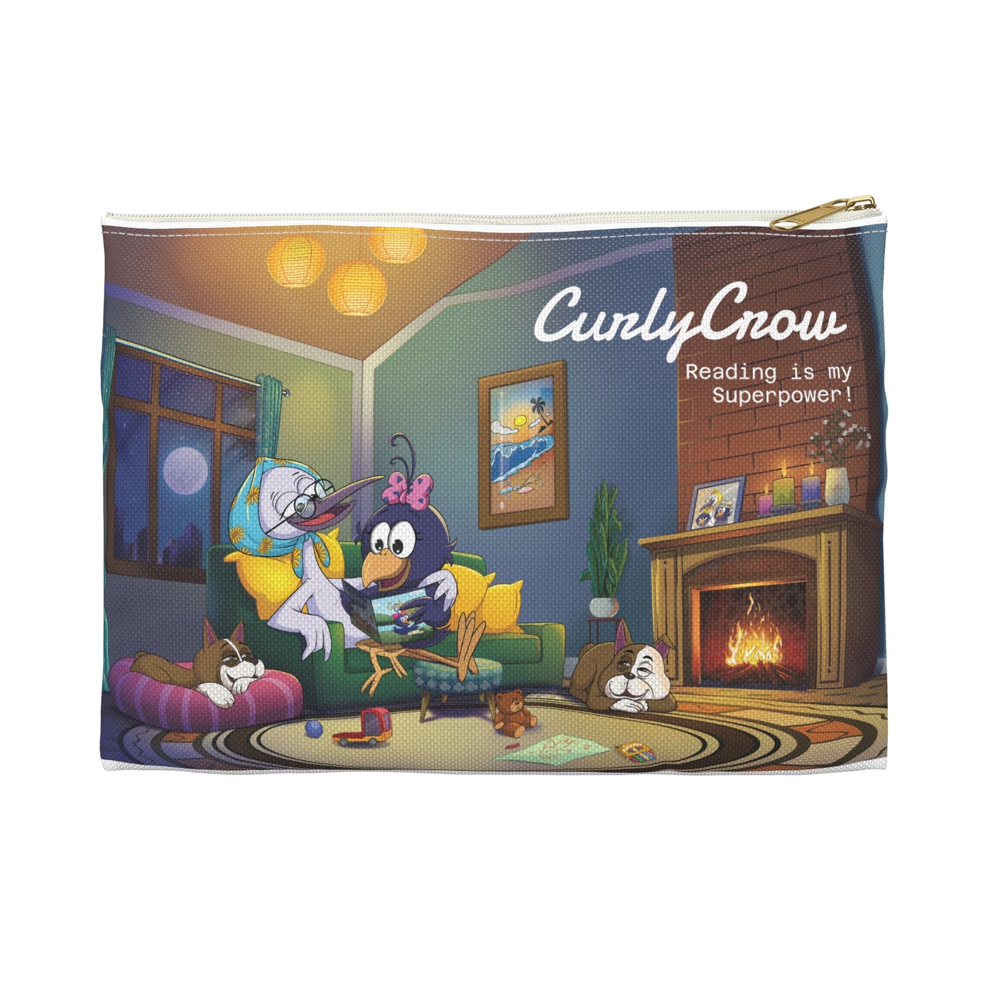 Pouch with cartoon design of a room with a fireplace and 'Curly Crow' branding.