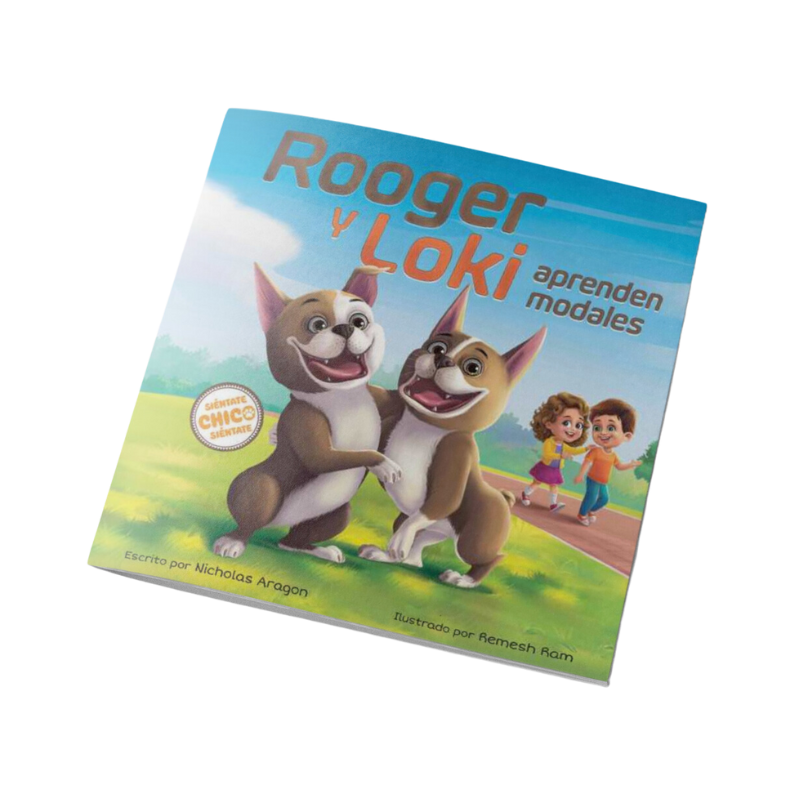 Cover of a children's book titled 'Rooger y Loki aprenden modales' featuring two cartoon dogs and two children in a colorful outdoor setting.