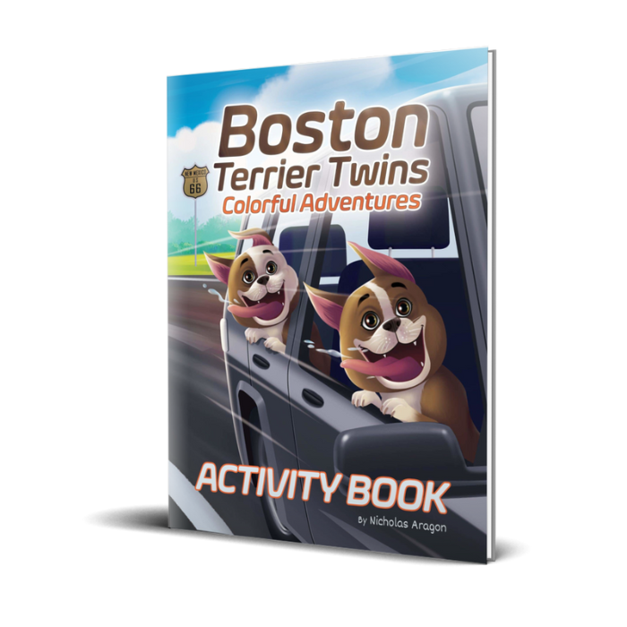 Boston Terrier-themed activity book with coloring pages, puzzles, and games for children ages 3 to 8