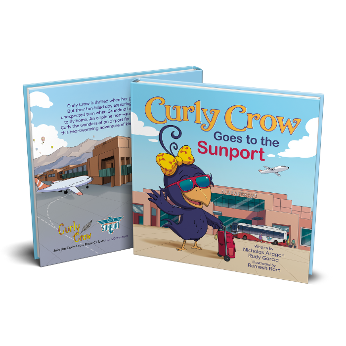 Great gifts and Book deals on Curly Crow books, an image of the best selling kids book Curly Crow Goes to the Sunport by children's author Nicholas Aragon.