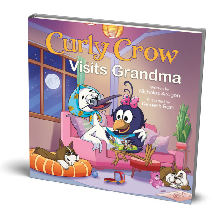 Book titled 'Curly Crow Visits Grandma' with cartoon characters on the cover