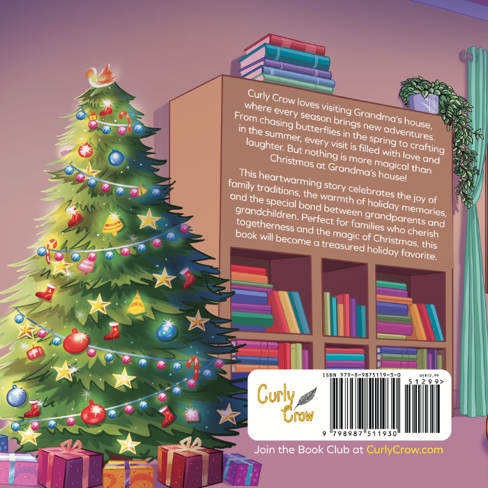 Illustrated book cover with a Christmas tree, books, and presents on a purple background