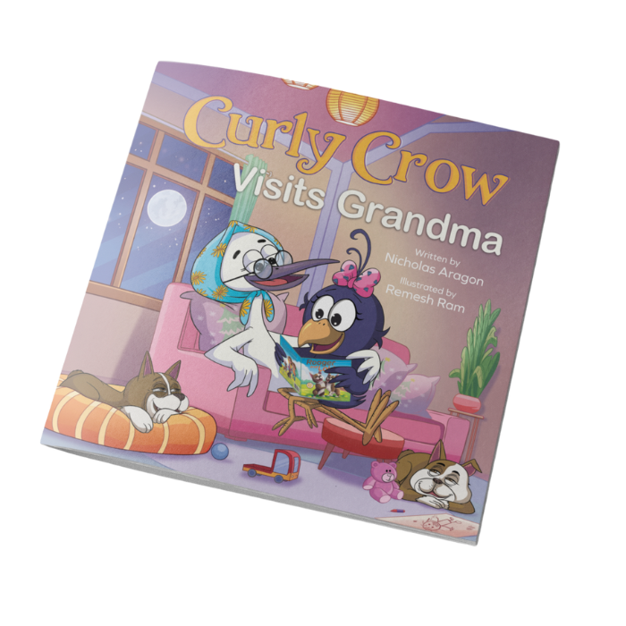 Children's book titled 'Curly Crow Visits Grandma' with cartoon characters on the cover.