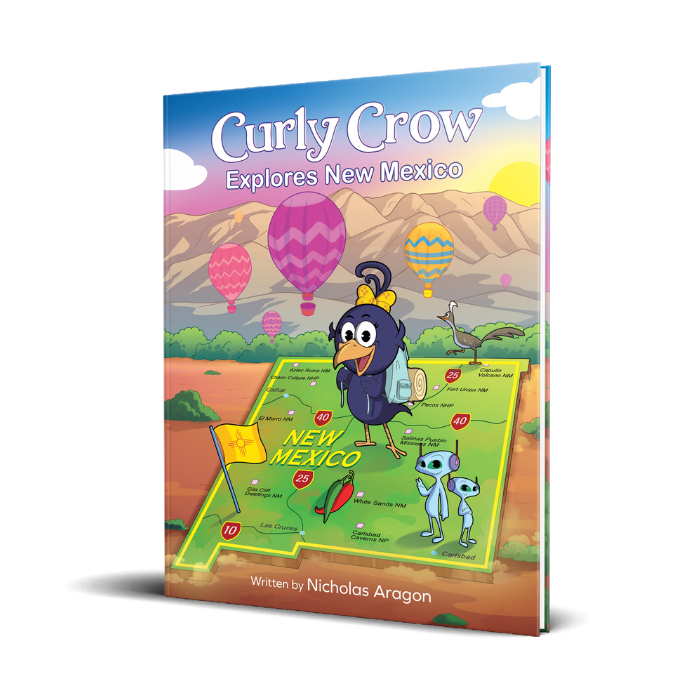 Book cover of 'Curly Crow Explores New Mexico' with colorful illustrations and a map.