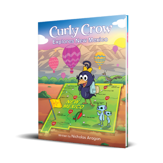 Book cover of 'Curly Crow Explores New Mexico' with colorful illustrations and a map.