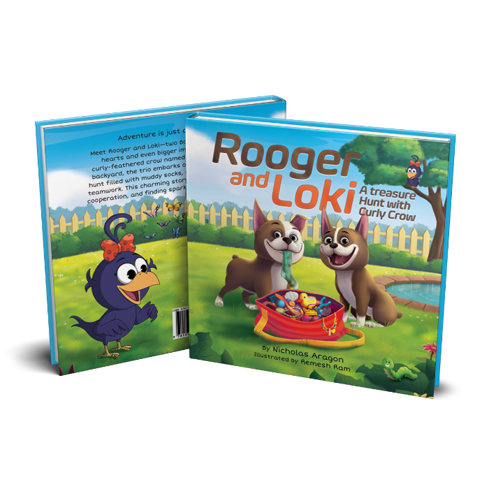 Children's book titled 'Rooger and Loki' with cartoon characters on a white background