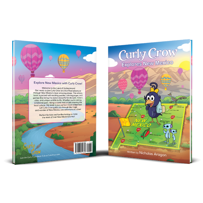 Children's book titled 'Curly Crow Explores New Mexico' with colorful illustrations on a white background.