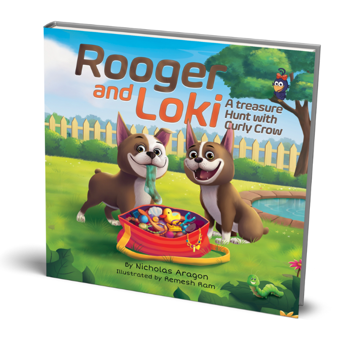 Book cover of 'Rooger and Loki' with two cartoon dogs and a treasure chest on a grassy background.