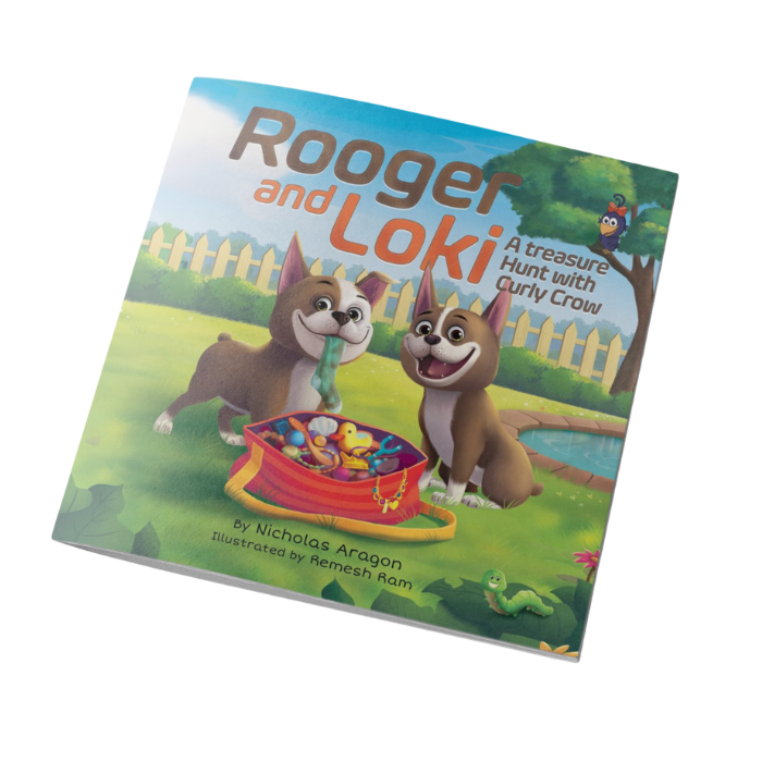 Children's book titled 'Rooger and Loki' with cartoon dogs on the cover