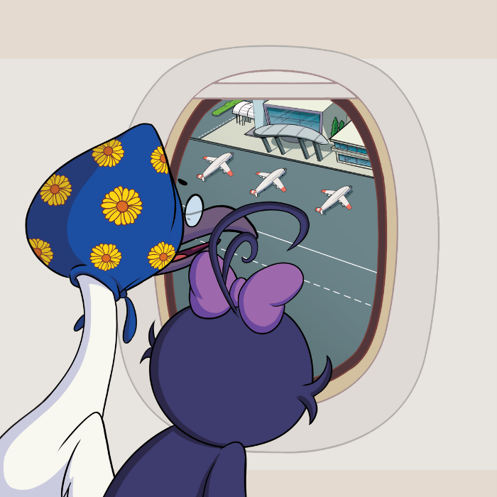 Curly and her Grandma looking out an airplane window. Curly Crow Children's Book First Flight