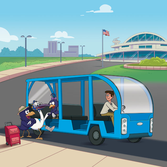 Illustration of Curly Crow meeting new friends on her travel adventure