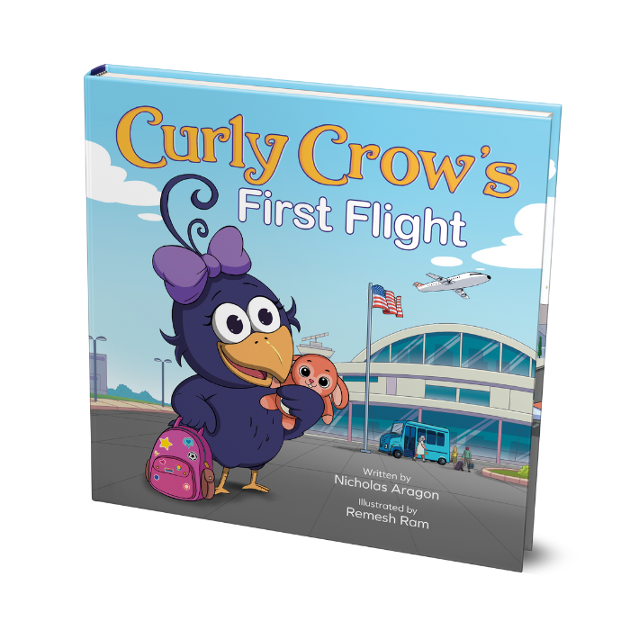 Curly Crow preparing for her first flight – children's picture book illustration