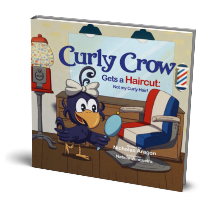 A book cover image of "Curly Crow Gets a Haircut" a book that gives kids a newfound sense of confidence and pride in their identity, ready to face the world with their fresh look