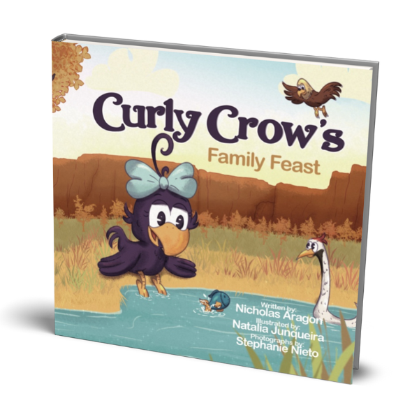 Children's book cover for 'Curly Crow's Family Feast' featuring an illustration of a crow character with a bow on her head, set against a backdrop of a river and a mountain.