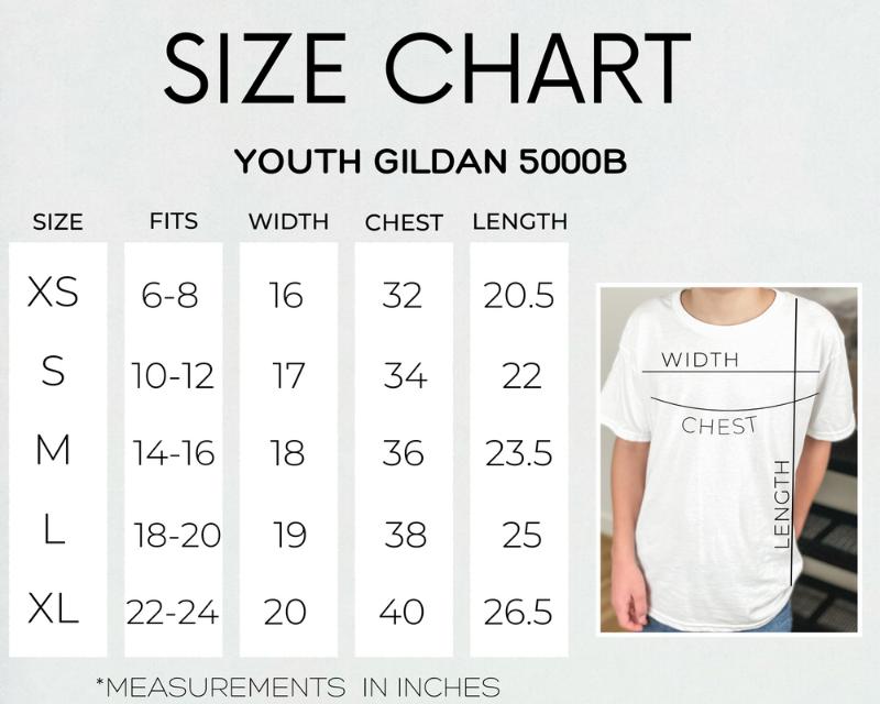 Gildan 5000B Youth Size Chart , Unisex Gildan 5000B Size Chart, Gildan Shirt Kids Size Chart, Gildan 5000B Mockup Curly Crow
