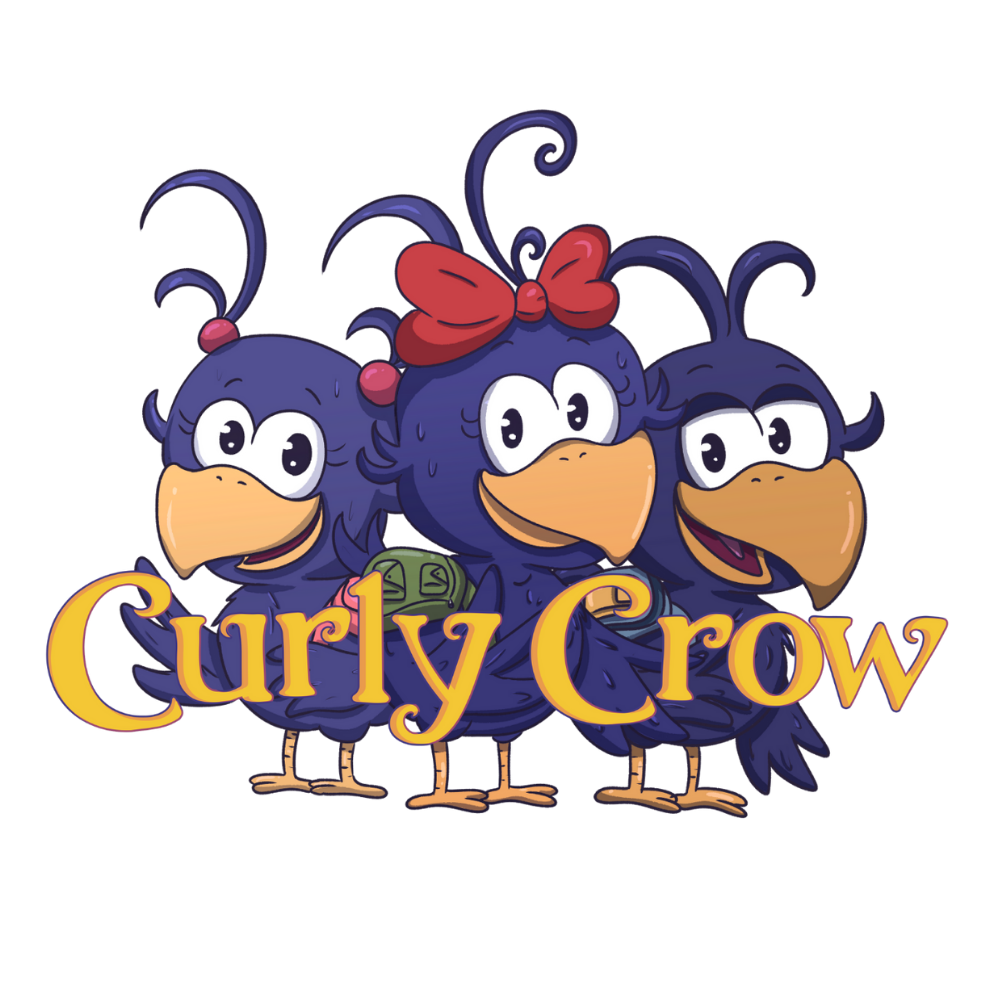 Three cartoon crows with curly hair and a red bow, with 'Curly Crow' text below.