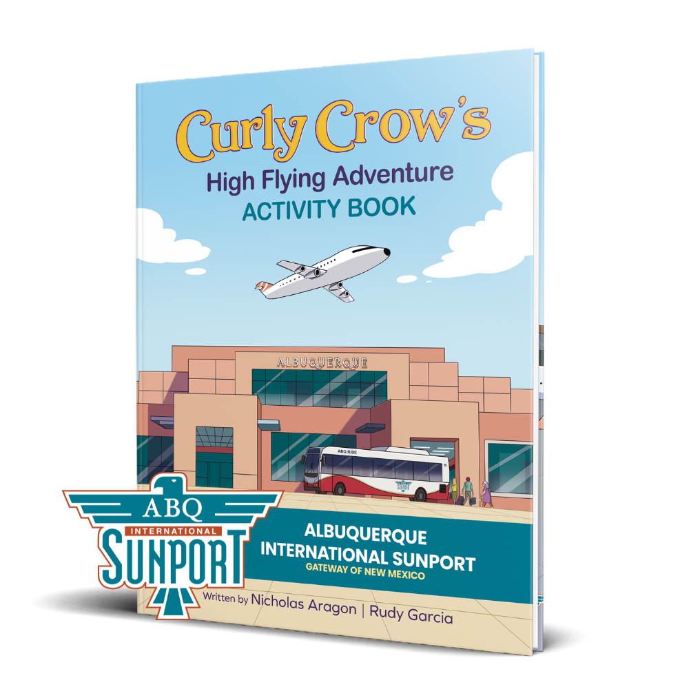 Curly Crow Sunport Activity Book Front Cover: Cover of the Curly Crow Sunport Activity Book featuring a cheerful cartoon crow with curly feathers, standing next to an airplane at the Albuquerque Sunport, with a bright New Mexico sunset in the background.
