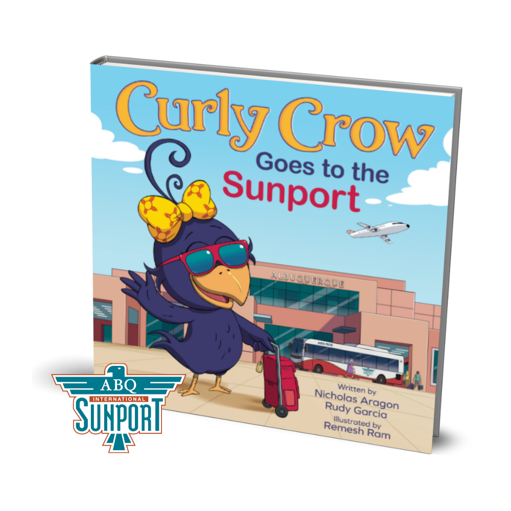 Children's book titled 'Curly Crow Goes to the Sunport' with a cartoon crow character on the cover.