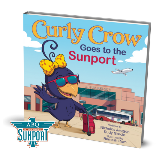 Cover of the children's book Curly Crow Goes to the Sunport, a playful story that helps young readers get ready for an airport adventure.