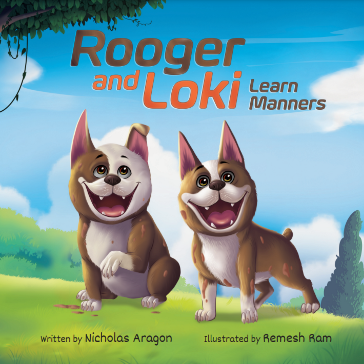 Cover of 'Rooger and Loki Learn Manners: Sit, Boy, Sit!' featuring the twin Boston Terriers, Rooger and Loki, with their trademark brown and white coats and big, expressive eyes.