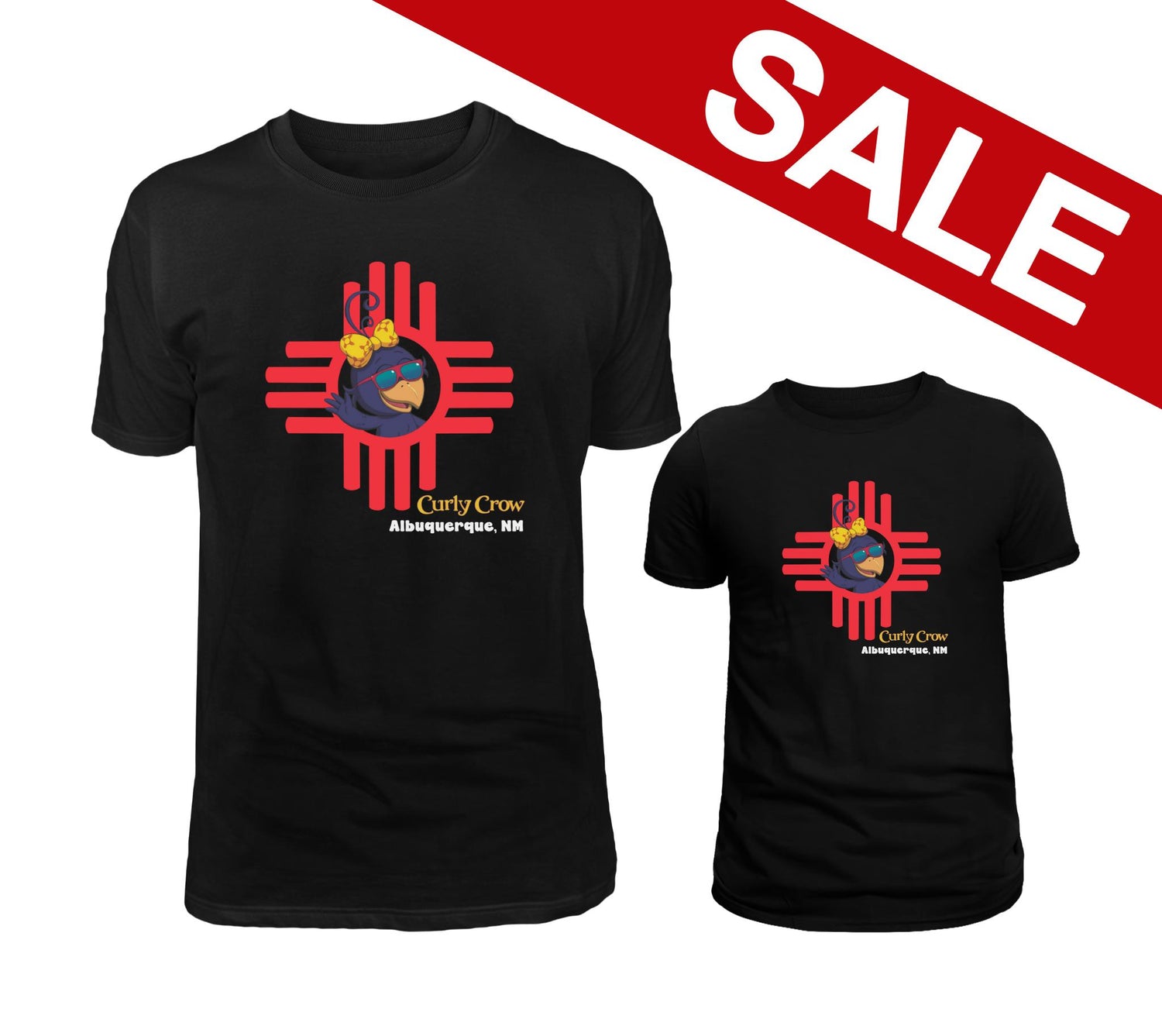 Two black t-shirts with a logo and text, one larger than the other, on a white background with a red 'SALE' banner.