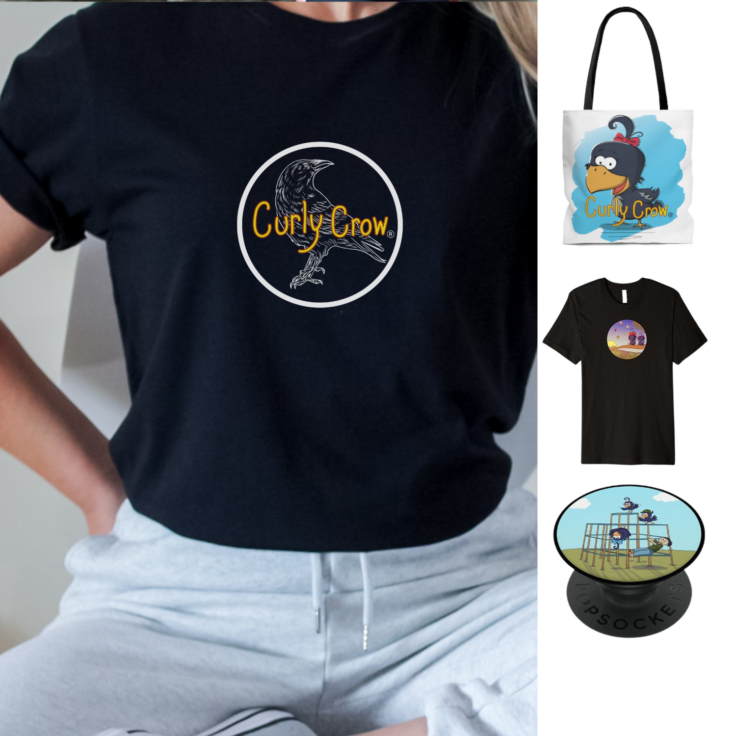 Curly Crow t-shirt designs and cool pop grip pop socket art work