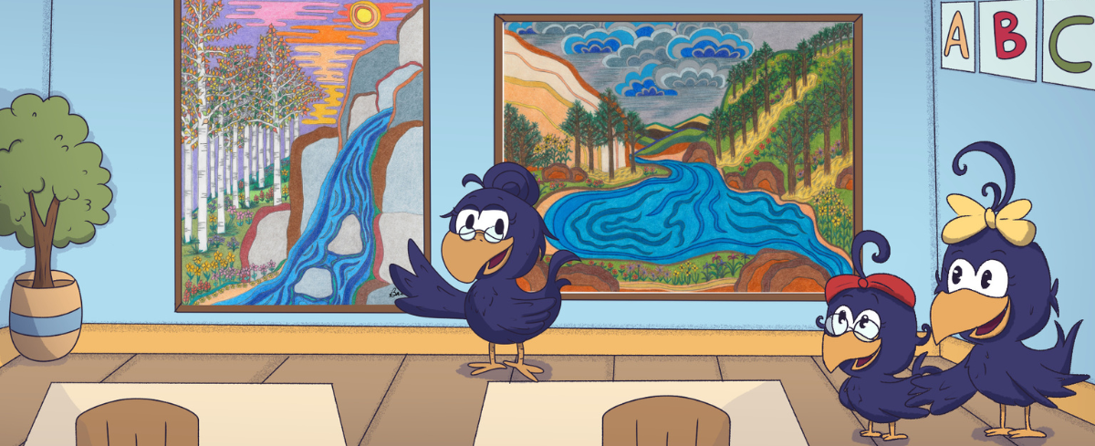 Curly Crow Art on display in a classroom art gallery wall for art students to study